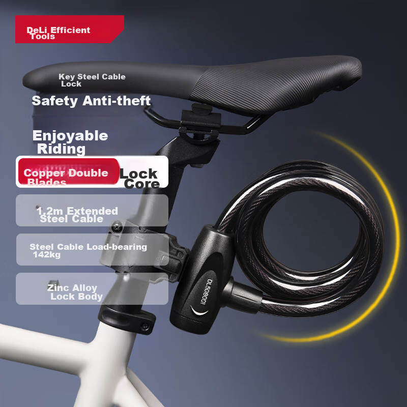 Deli Bicycle Lock, Mountain Bike Lock, Steel Cable Anti-Theft Lock, Portable Cycling Lock, Bicycle Accessories, Cycling Equipment, 1.2 Meters