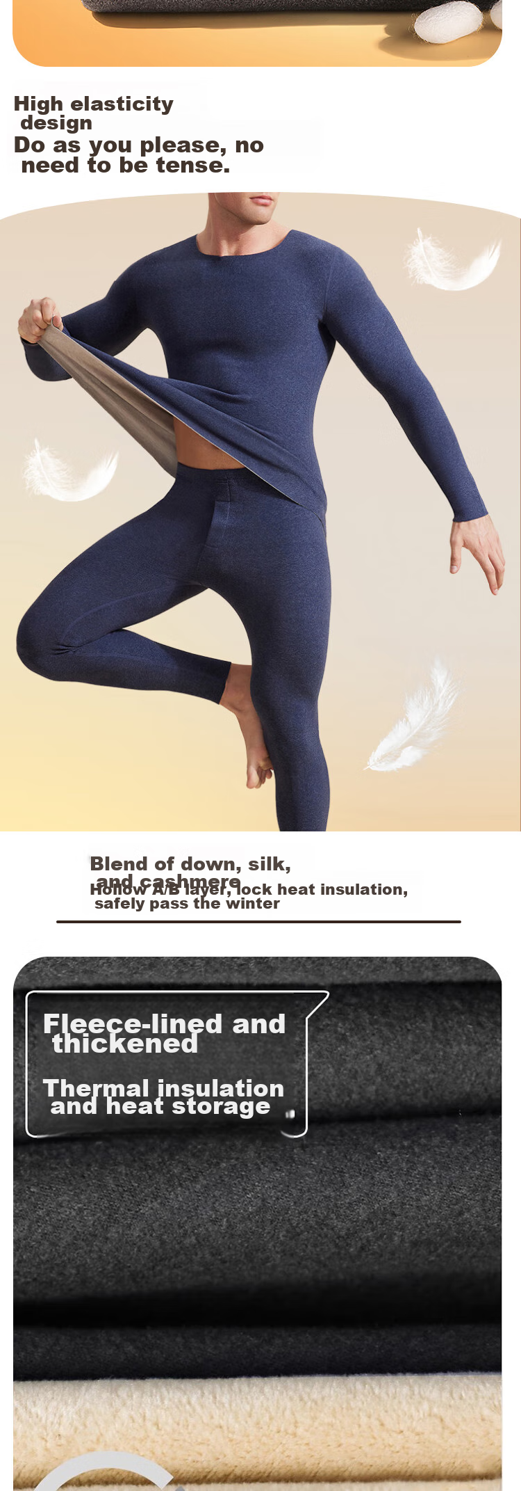 Yalu down silk thermal underwear for men, fleece-lined thick base layer, winter cold-resistant autumn shirt and pants set 4