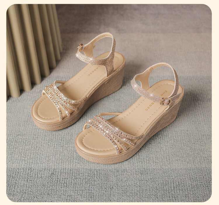 ZHR Women's Shoes, Summer Wedge Versatile Sandals, Fashionable Rhinestone Platform Slimming Beach Shoes for Women, AY161, Apricot Color, Size 35 27
