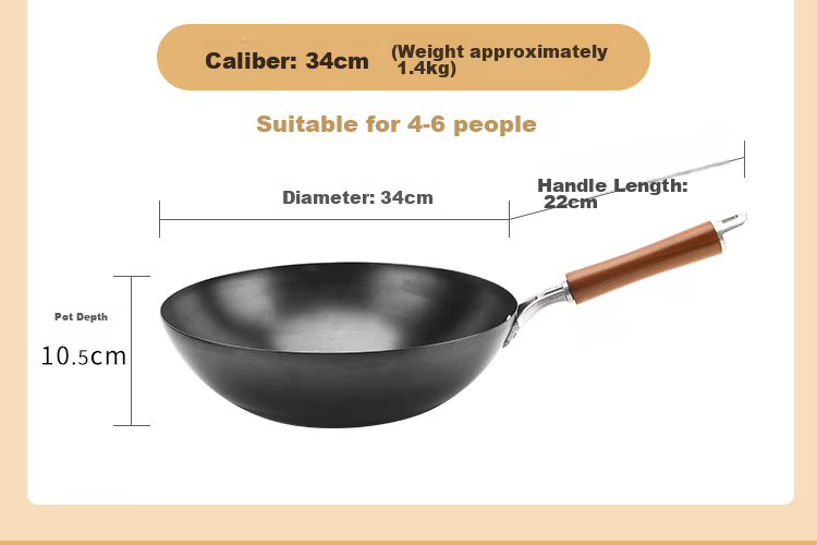 Jincun Wok Iron Pan Lightweight Stir-Fry Pan Non-Coated Rust-Resistant Round Bottom Pure Iron Non-Stick for Gas Stove 34cm 13