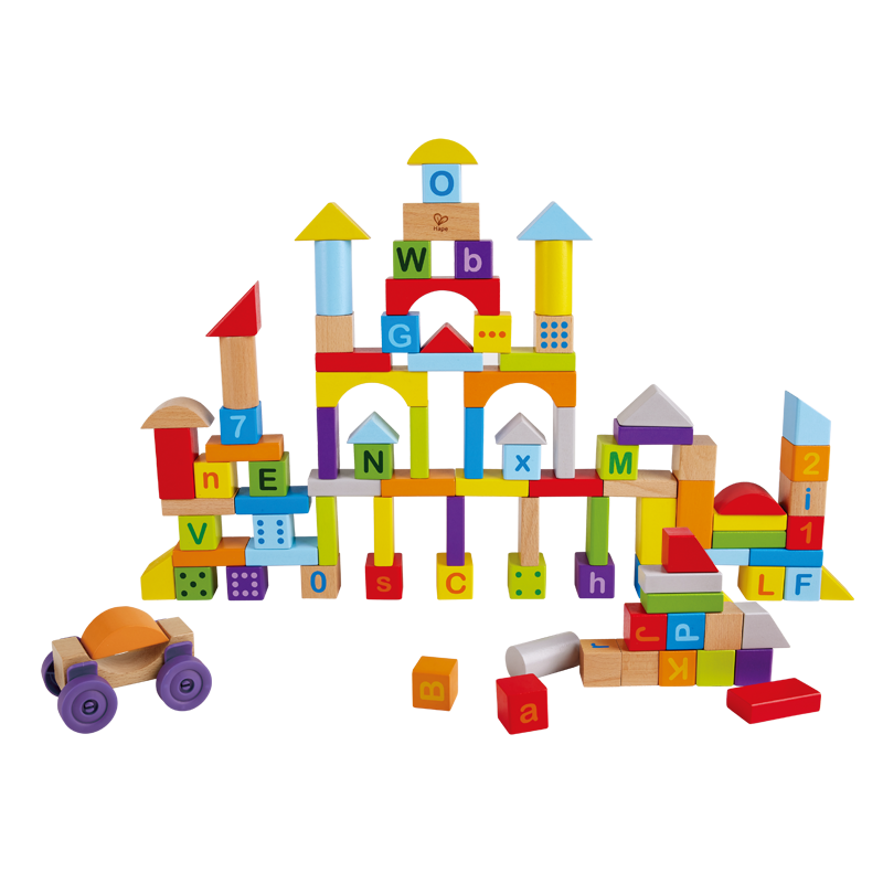 Hape (Germany), Children's Wooden Building Blocks Toy, 100 Pieces, Double-Sided Numbers And Letters, Bucket Packaging, Holiday Gift, E8488