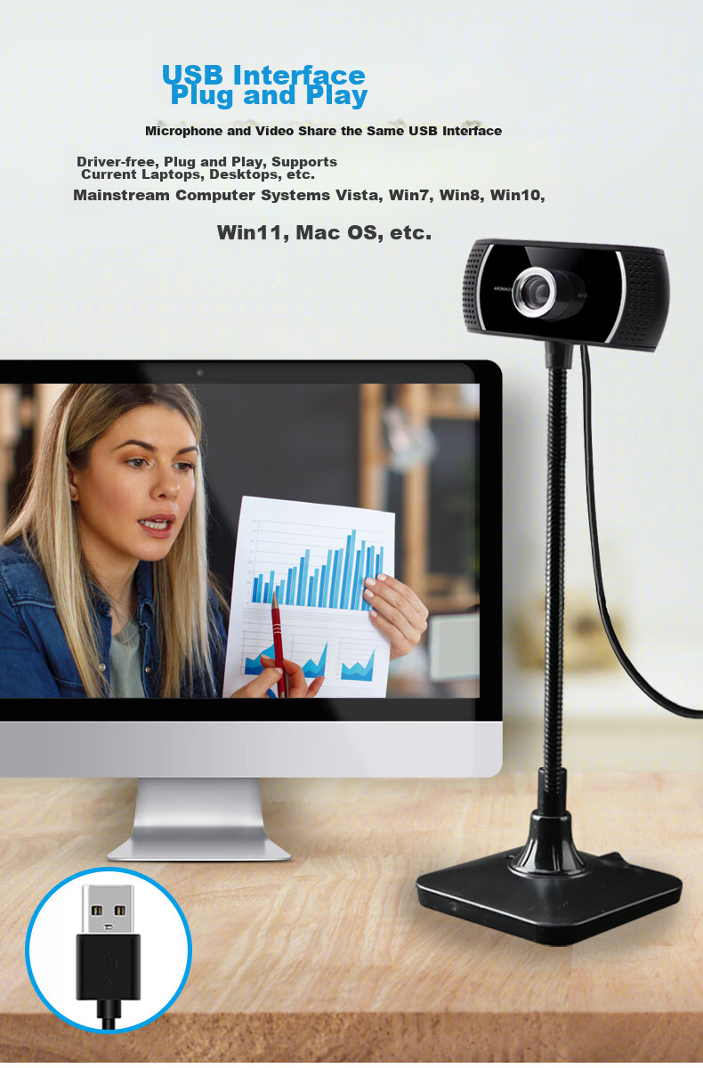 GESOBYTE C208 Bracket-Type 720P HD Live Streaming Webcam for Video Calls, Conferences, Online Teaching, Home Use, Laptop And Desktop Computer with Built-In USB Interface, Plug-And Microphone 7
