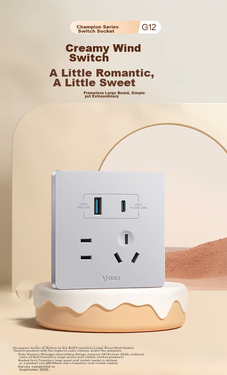 BULL Switch Socket G12 Series Five-Hole with USB+Type-C 30W Fast Charging G12E537 Cream Wind Space Silver 1