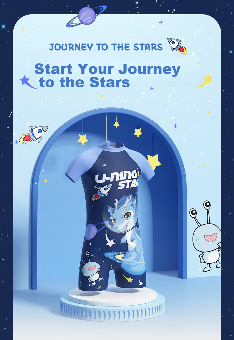 Li-Ning Children's Swimsuit, Boys' Cartoon Print One-Piece Surfing Suit, Comfortable And Breathable, Swimming Hot Spring Swimwear, 906 Blue, Size 140 3