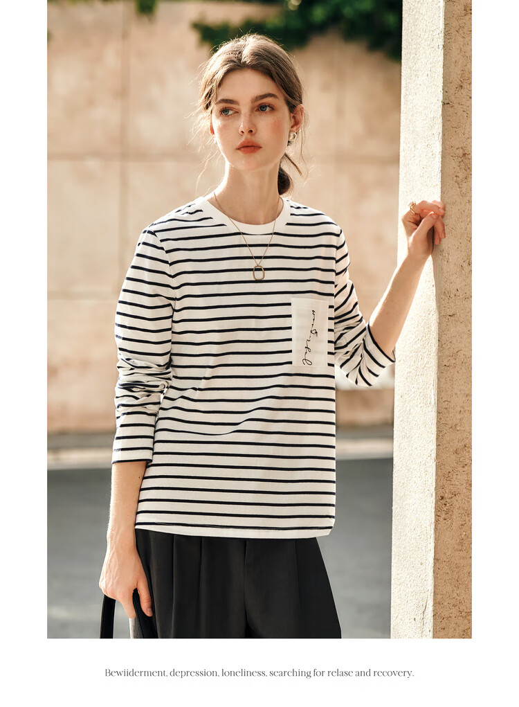 Olrain Women's Striped Long Sleeve T-Shirt Spring Design Pocket Embroidery Top Striped (Upgraded) M 16
