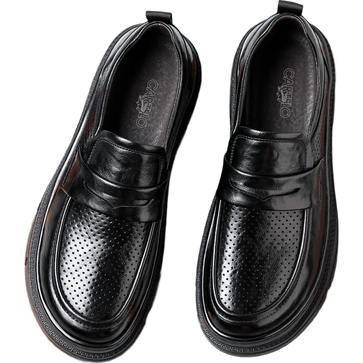CARTELO Men's Slip-On Casual Leather Shoes with Thick Soles, Hand-Scratched Texture, Wrinkle-Resistant Design, Men's Loafers 9913 Hollow-Out Style Size 40