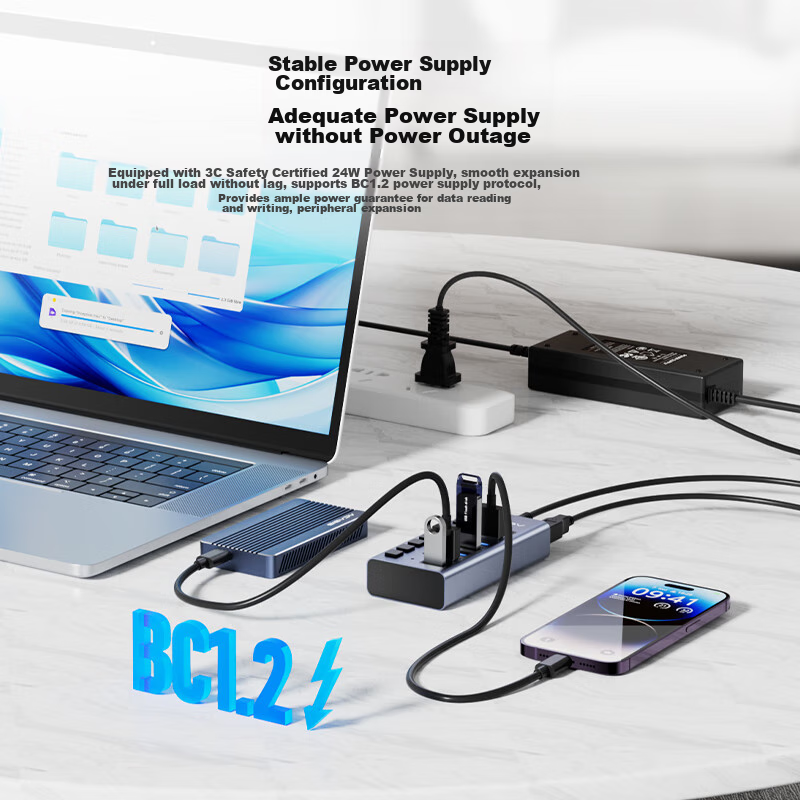 USB 3.0 концентратор Acasis HS-707MG, 7 портов с независимым управлением, алюминиевый корпус, серебристый