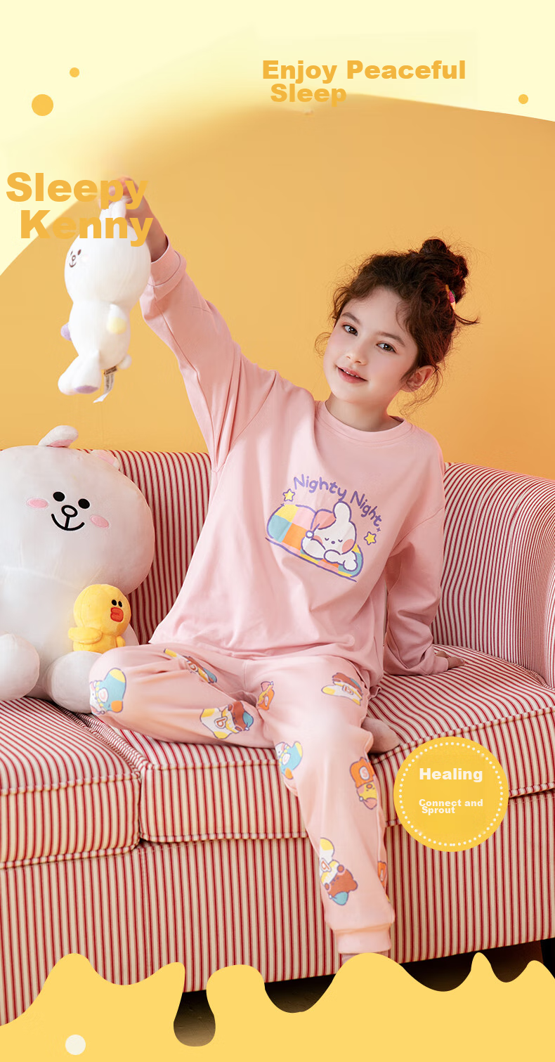 Fenteng Children's Pajamas, Girls' Brown Bear And Cony Rabbit Co-Branded Pure Cotton Sleepwear for Older Childre 19