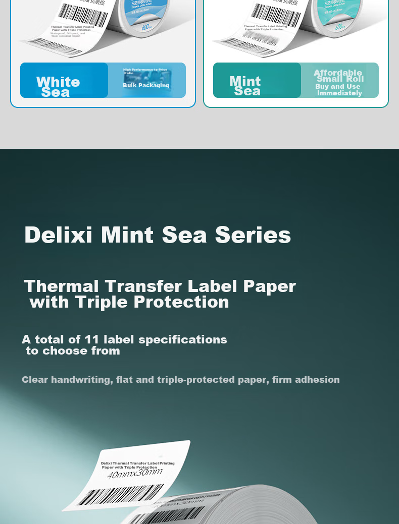 Deli 40*80mm, 400 Sheets*72 Rolls, Mint Sea Triple-Protection Thermal Label Paper, Milk Tea Clothing Self-Adhesive Printing Paper, ZG171 [Compatible with 3-Inch Label Machines 720C Etc.] 3