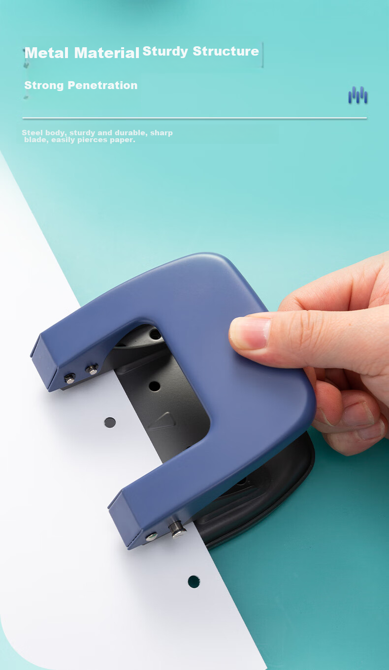 M&G Medium-Sized 35-Page Hole Puncher, Portable Double-Hole Puncher, Hole Diameter 7mm/Spacing 80mm (With Ruler), Blue Single Pack ABS92648, Back-To Essential 2