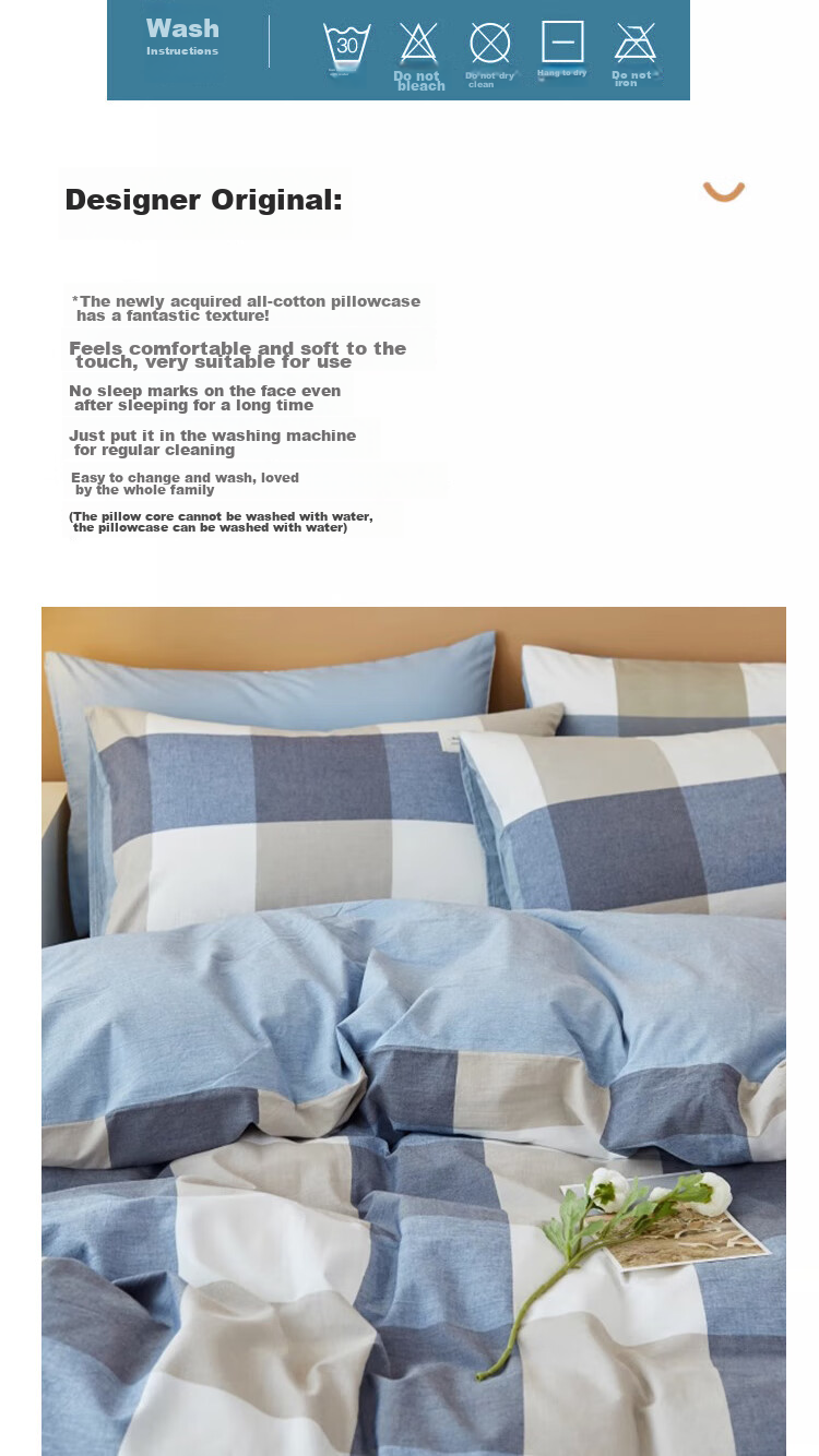 AVIVI 110g Washable Cotton Pillowcase + Pillow Set, Student Dormitory Hotel Home Use Pillow Core, Simple Grid Patter 2