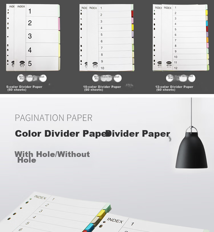 Elifo Page Separators, Index Dividers, Classification Paper, Loose-Leaf Paper for Indexes, Paper Plastic Digital English Three-Hole Binders [With Holes], 10 Colors, 50 Sheets Per Pack 1