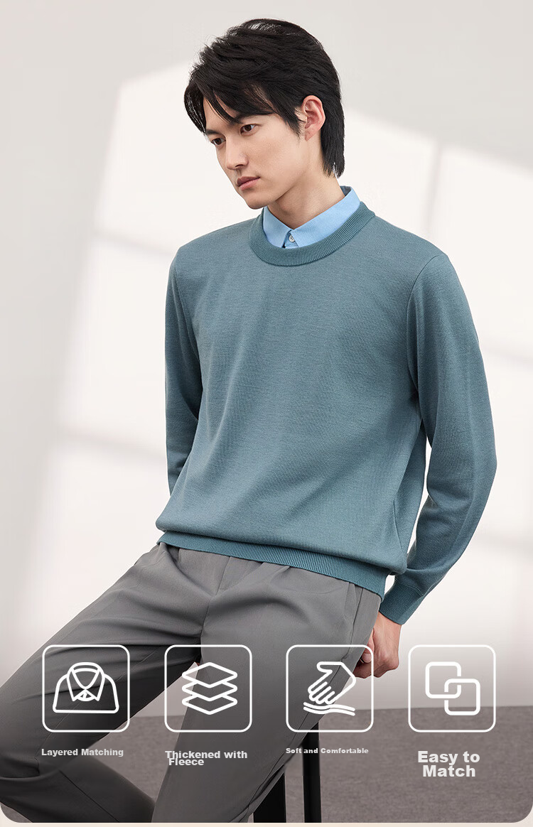 JD Original [Fake Two-Piece] Sweater Knit Pullover for Men, Winter Men's Wool Blend Base Layer, Blue, Size M 2