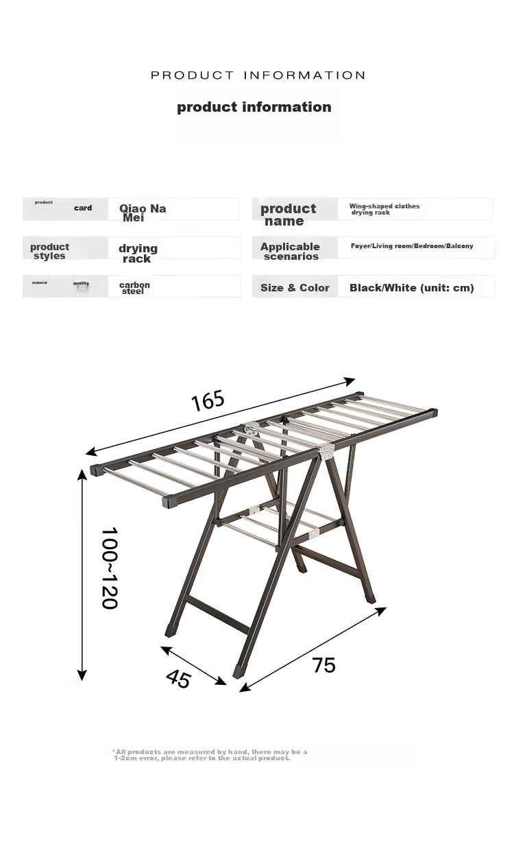 QIAONAMEI Clothes Drying Rack, Floor-Standing Foldable Hanger, Indoor Drying Pole, Balcony Quilt Drying Tool, Clothes Rack 4147BK 12