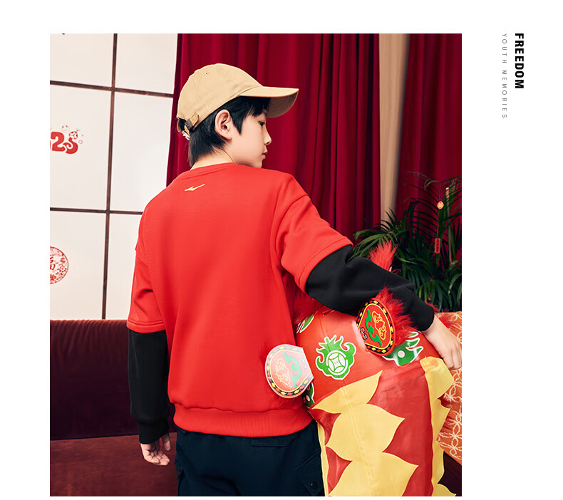 ERKE Kids Thickened Sweatshirt Boys and Girls Children's Round Neck Casual Top Oriental Red 150 11