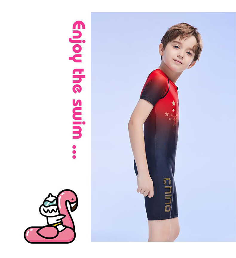 ZOKE Children's Swimsuit, Boys' One-Piece Square-Leg Swimwear Set, Two Pieces JD23503544, Black And Red with Chinese Dragon Design, Size 14 12