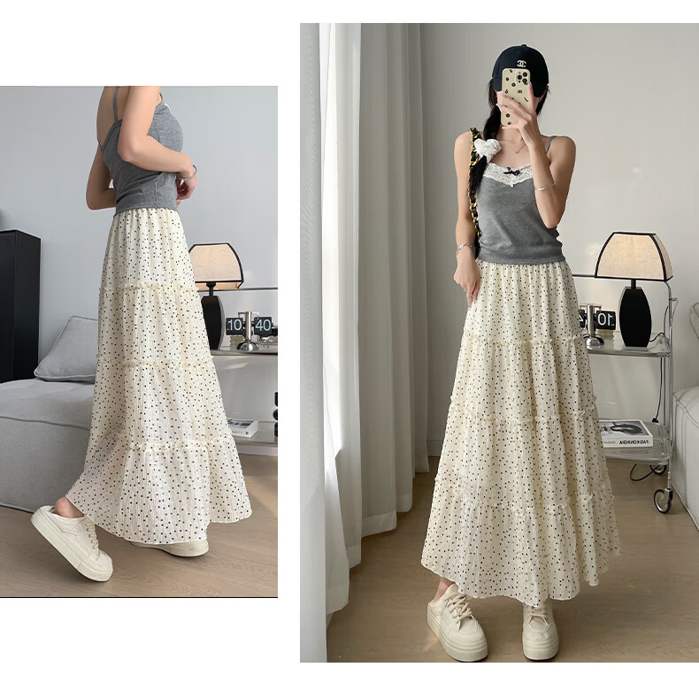 Langsha French Style White High-Waist Elastic Waist A-Line Polka Dot Long Skirt Japanese Style Cake Skirt for Women 2026 Summer 15