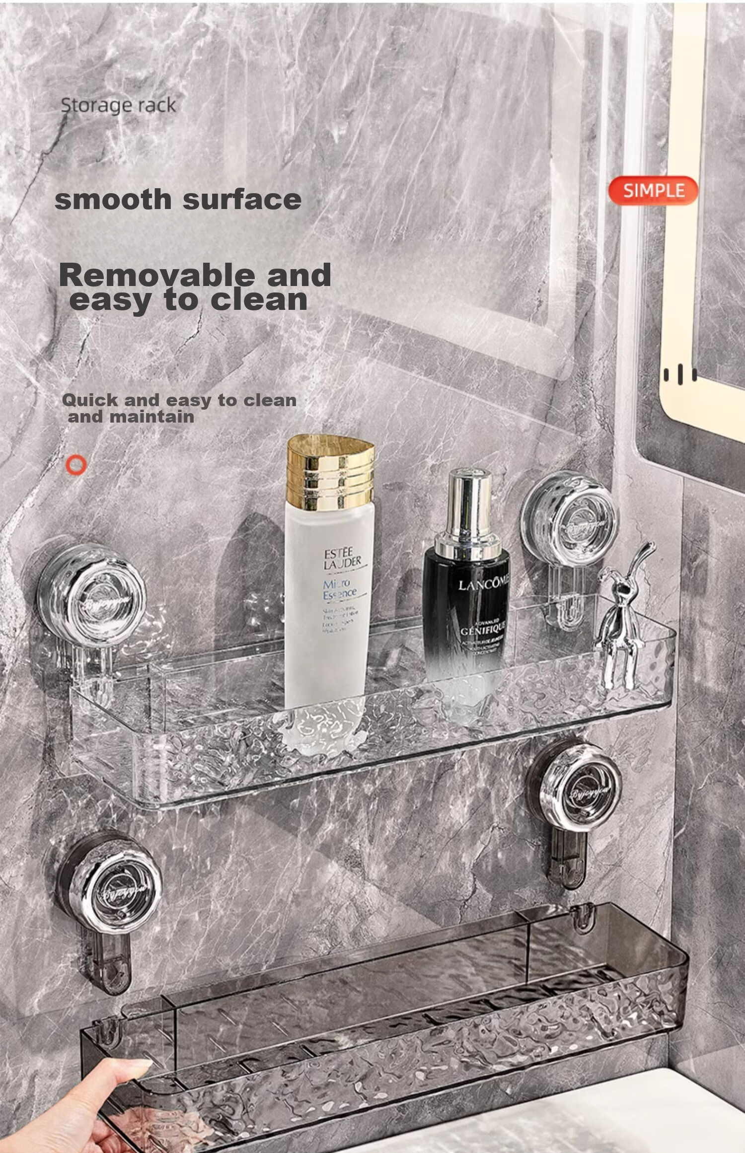 YOUQIN Bathroom Suction Cup Storage Rack, Wall-Mounted without Drilling, Bathroom Sink Organizer Shelf 18