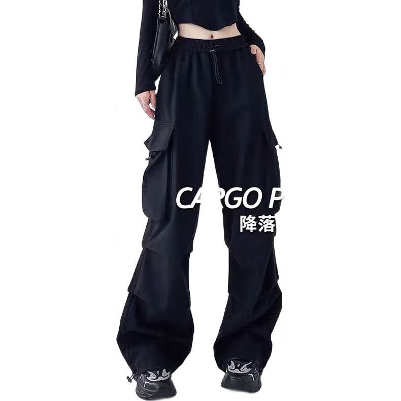 FitonTon Women's Spring Parachute Cargo Pants, High-Waisted Wide-Leg Trousers, Slimming Straight-Leg Drawstring Casual Sports Pants for Women, Size L