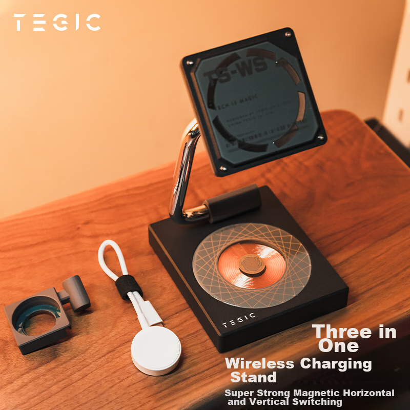 TEGIC TS-WS Black Three-In Wireless Charger, Wireless Charging Stand, Compatible with IPhone/Android Phones, Earphones, Smartwatches, Wireless Charging