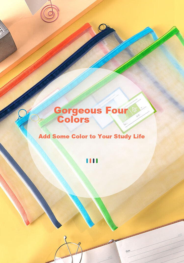 Deli Transparent Mesh Zipper Pouch, Student Exam Paper Sorting Stationery Bag/document Folder, File Storage Bag, Random Color School Supplies Gift 10