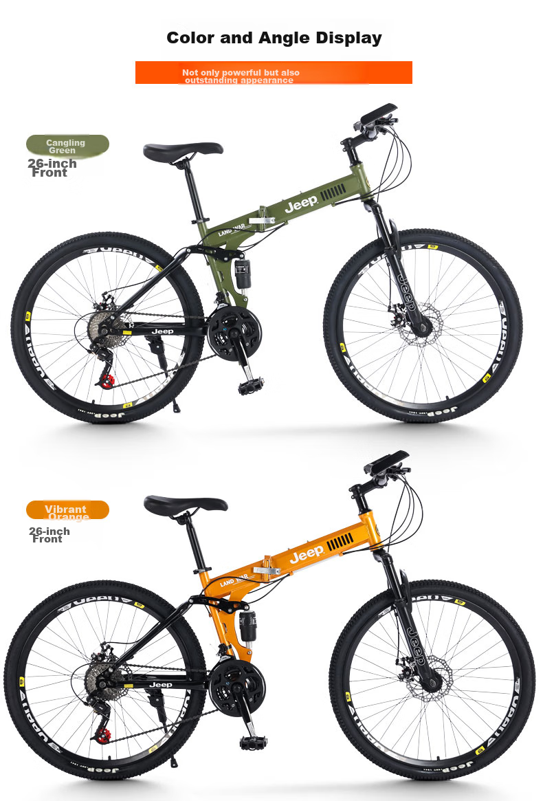 Jeep Folding Mountain Bike for Men And Women Students, 26-Inch, 27-Speed, Dual Shock Absorption, Road Bicycle Zhanshen - Forest Gree 14