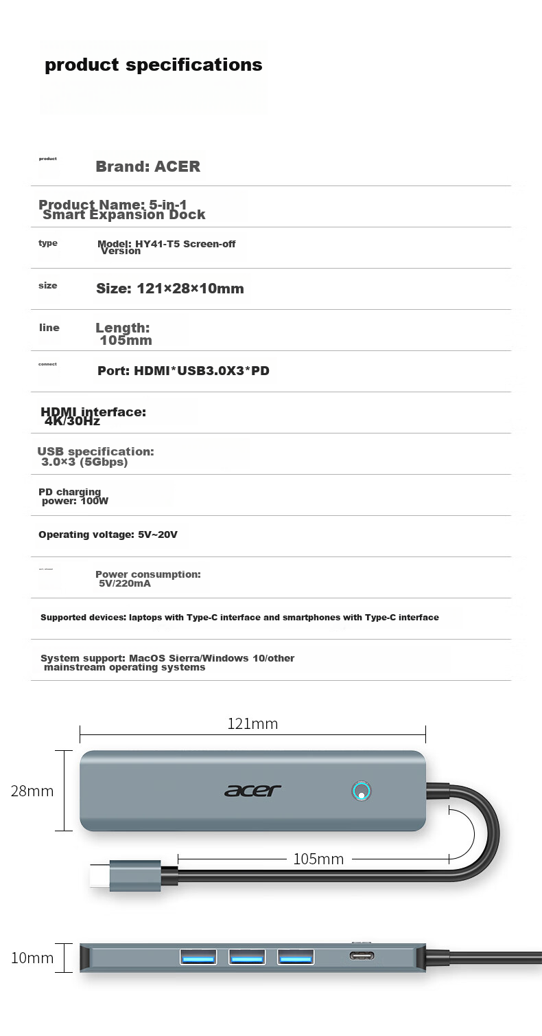 Acer Type-C Expansion Dock, USB3.0 Hub, HDMI Adapter, 4K Screen Mirroring, PD Charger, Compatible with MacBook And Huawei Computers, Five-In Converter 16
