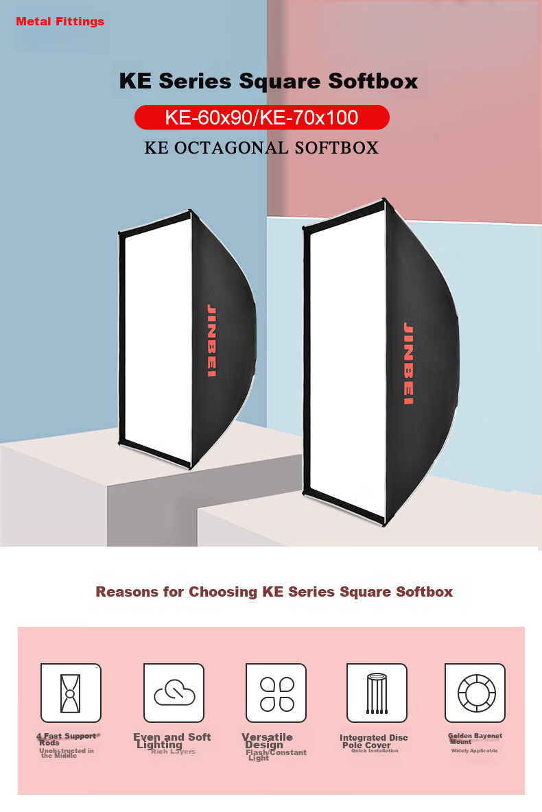 JINBEI KE Series Quick-Install Rectangular Softbox with Grid, Portable Easy-To Studio Equipment, Light Modding Accessory, KE-70*100 [Single Grid] 1