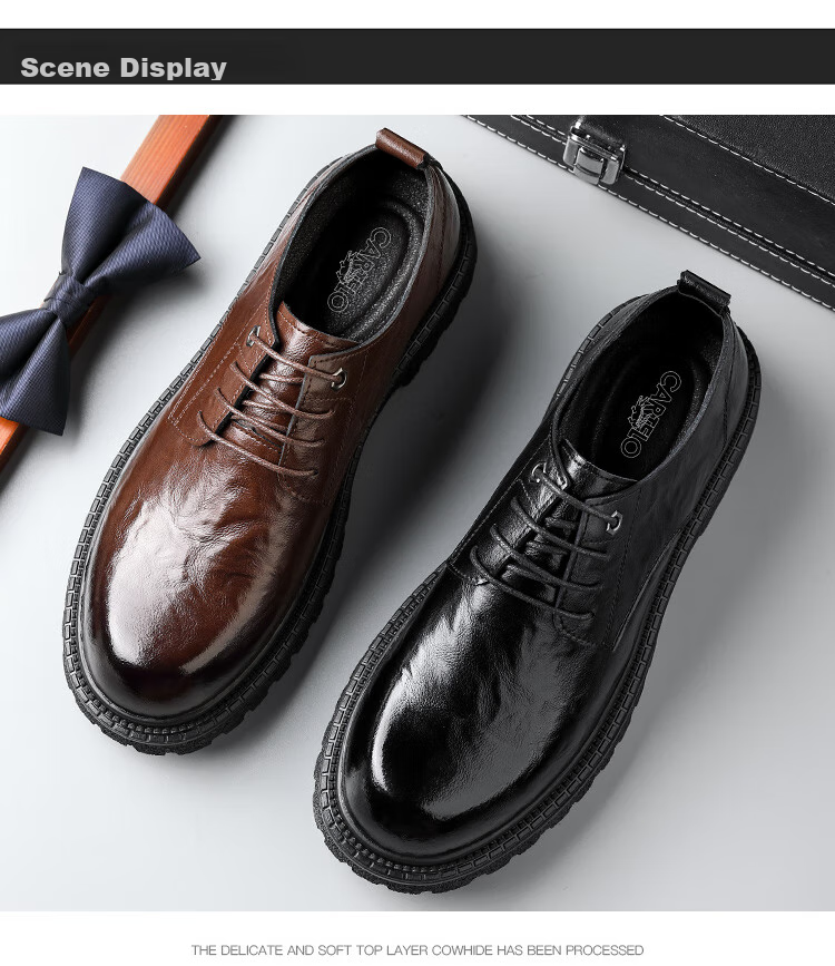 CARTELO CARTELO Hand-Grabbed Cowhide Men's Shoes, Thick-Soled Heightening Shoes, Business Casual Leather Shoes for Men, 9790 Black, Size 44 10