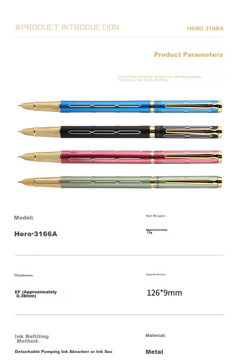 HERO 369 Erasable Steel Nib Iridium Student Fountain Pen with 10 Ink Cartridges, Fine Nib, Qingmei Zhujiu Design 7