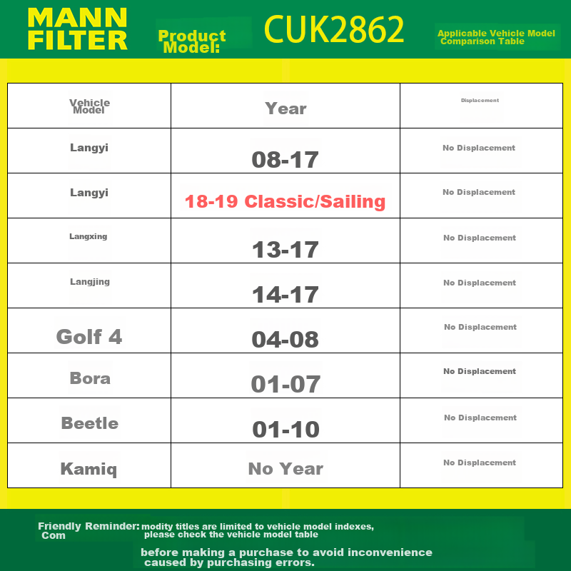 Фильтр кондиционера MANNFILTER CUK2862M с активированным углем для Lavida, Langxing, Langjing, Golf 4, Beetle