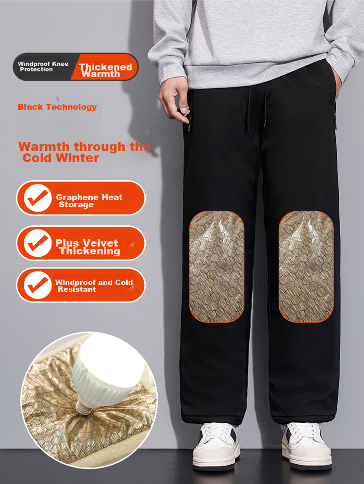 TUCANO Men's Cotton Pants Lamb Wool Fleece Thickened Graphene Warm Comfortable Casual Straight Leg Trousers Black 3XL 2