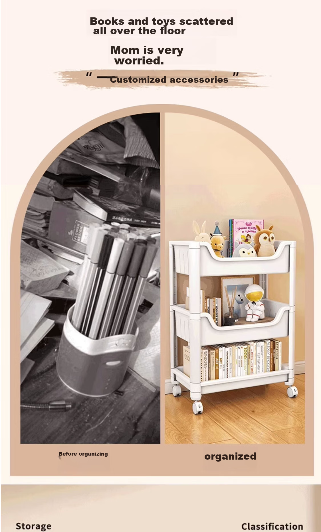 Shunyou Movable Cart Storage Rack, Floor-Standing, Multi-Functional for Snacks, Kitchen Vegetables, Books, Four-Tier SY-144 2