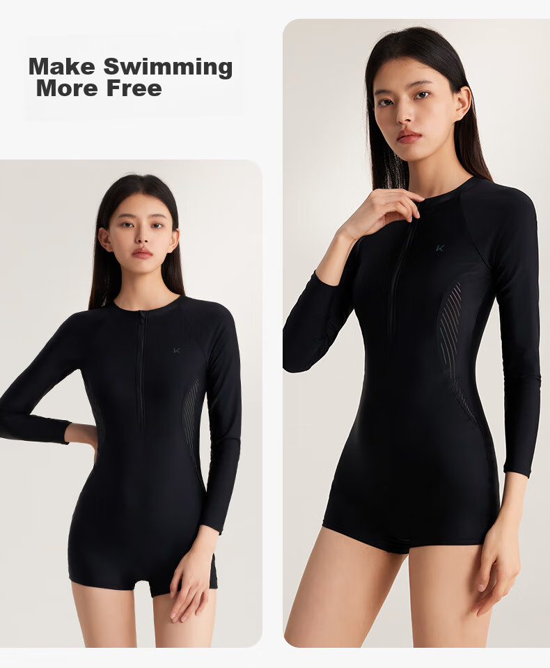 Keep Women's One-Piece Long-Sleeve Boyleg Swimsuit, Professional Training Conservative Plus Size Swimwear, 603 Black, L 16