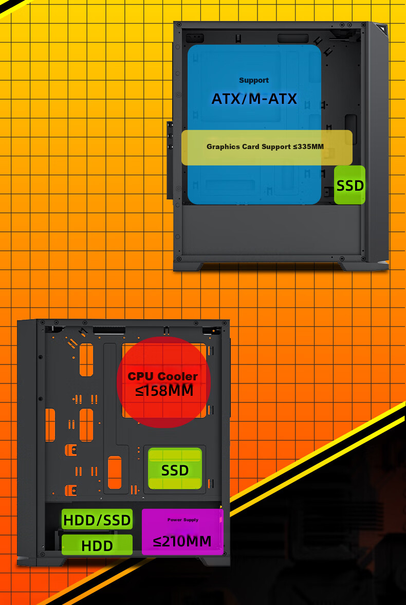 Golden Field Jianyu Qingyao NANO Wide-Body Desktop Computer Case, Cooling Grid Panel, ATX Motherboard/8 Fan Positions/Compatible with 240mm Water Cooling/Glass Quick-Release Desig 8