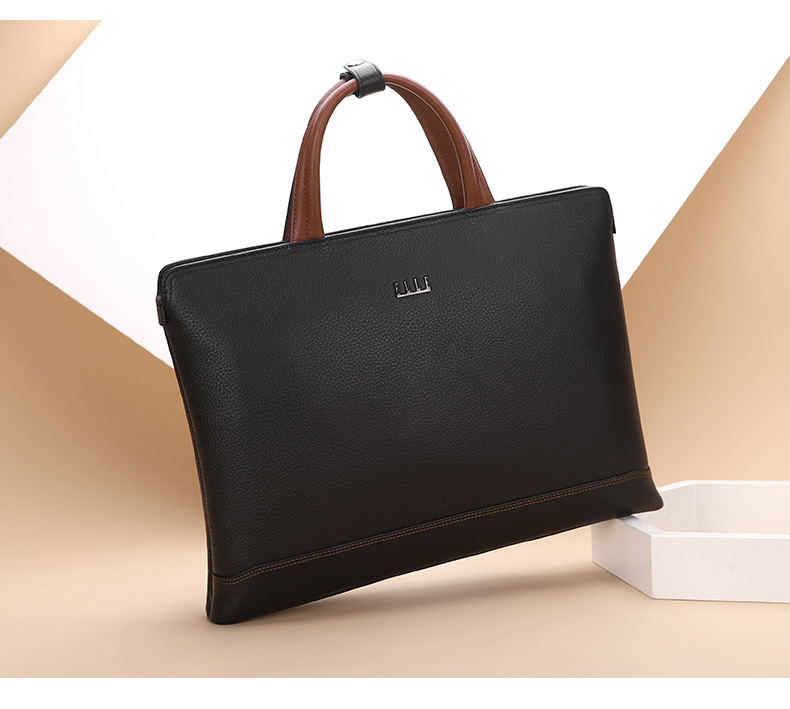 ELLE HOMME Men's Business Briefcase, Fashionable Genuine Leather Handbag, Horizontal Trendy Simple Cowhide Men's Bag, 12510 Black 5