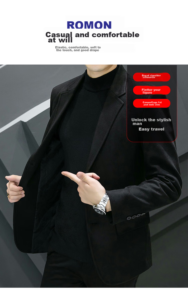 ROMON Men's Suit, Spring And Autumn Woolen Blazer, Business Casual Outerwear Jacket for Me 7