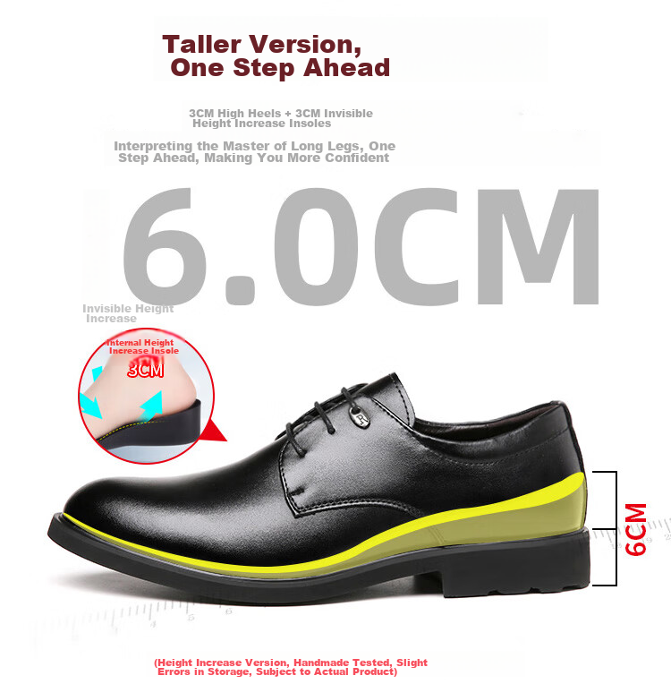 EGCHI Men's Leather Shoes, Business Formal Dress British Style Commuter Shoes, 1618 Black (Height-Increasing Version), Size 44 13