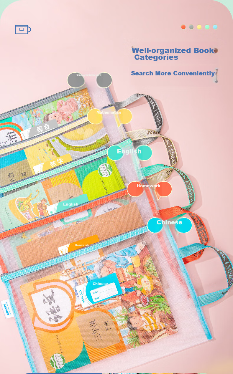 Jindeli 5 A4 Transparent File Folders for Elementary And Middle School Students, Subject Classification Pouches with Zipper, Book And Homework Storage Bags, Handheld Pouches for Stationery And Tutoring Supplies FB8779-5 6