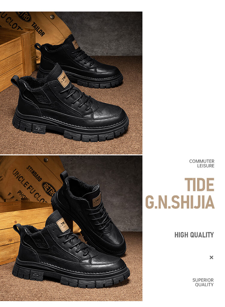 Bull Family Martin Boots Men New British Style Mid-High Casual Shoes Outdoor Fleece-Lined Warm Work Boots for Men 23
