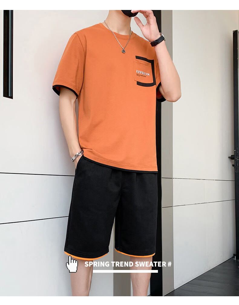 Dingfengbaoluo Men's Summer Set: Short-Sleeve T-Shirt And Shorts, Pure Cotton Lightweight Casual Sportswear KPR03 Iron Gray M 13
