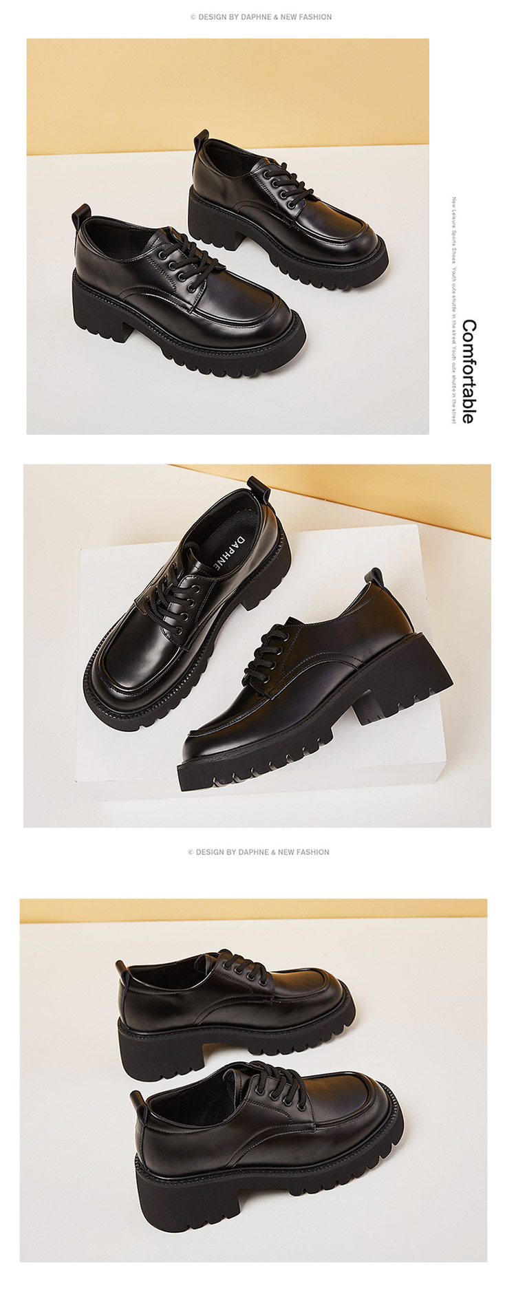 DAPHNE Women's Single Shoes, New Spring Style, British-Style Loafers, Thick-Soled Heightening Leather Shoes, Versatile Women's Footwear, Black, Size 35 10