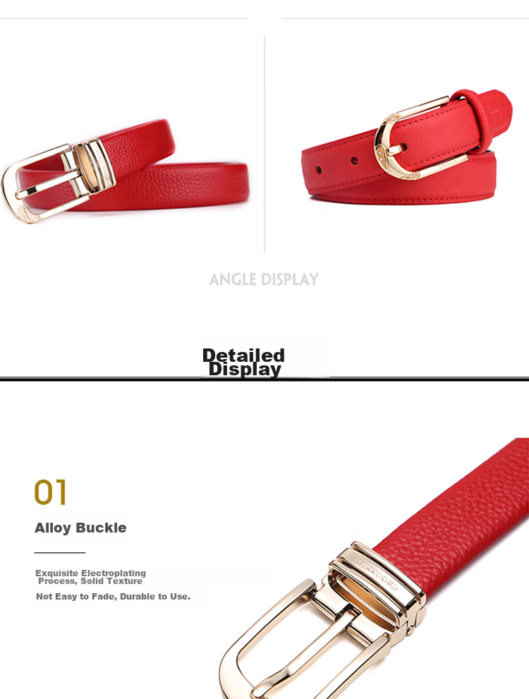 CROCODILE Zodiac Year Top-Grain Leather Women's Belt, Casual Pin Buckle Belt, Birthday Gift for Girlfriend, 11609 Red 10