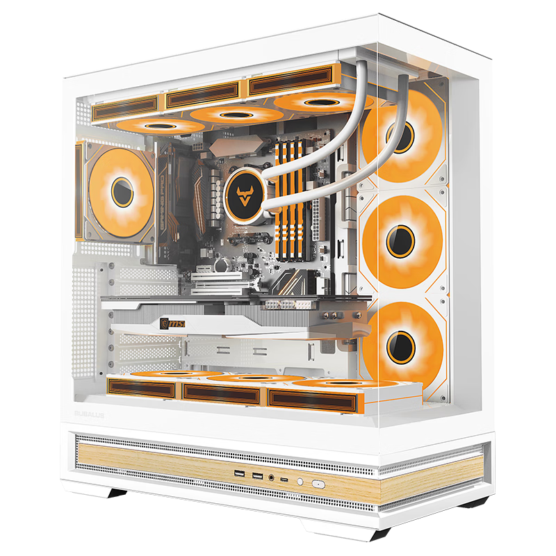 BUBALUS Senyu Wooden Grain White Back-Plug Gaming Desktop Computer Case, 360mm Water Cooling Bracket Hamburger, Type-C, 270° Panoramic View, ATX, Tool-Free Quick Disassembly