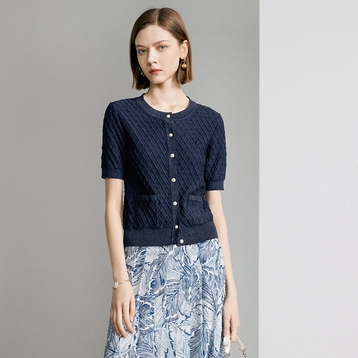 YANYEE Black Crew Neck Knit Top Women 2024 Summer Casual Simple Versatile Shiny Short Sleeve Shirt Dark Blue XXL/44