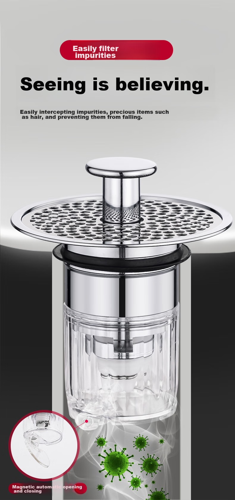 Pollock Sink Drain Stopper, Washbasin Pop-Up Core, Brass Sink Anti-Odor Device, Filter Screen MPXGL 5
