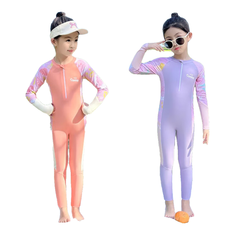 Youyou Children's Long-Sleeve And Long-Pants One-Piece Swimsuit, Sun Protection for Hot Springs, Youth Swimwear Three-Piece Set, 34118 Purple L