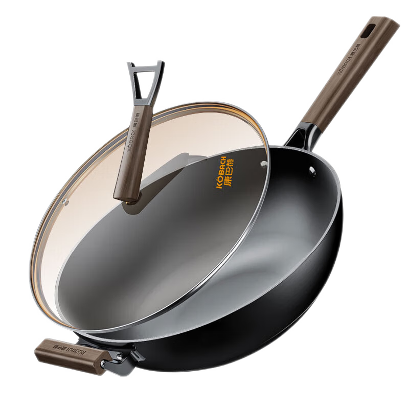 KOBACH Cast Iron Wok without Coating, Nitrided, Rust-Resistant, Non-Slip 7-Ring Bottom, Compatible with Induction And Open Flame Stoves