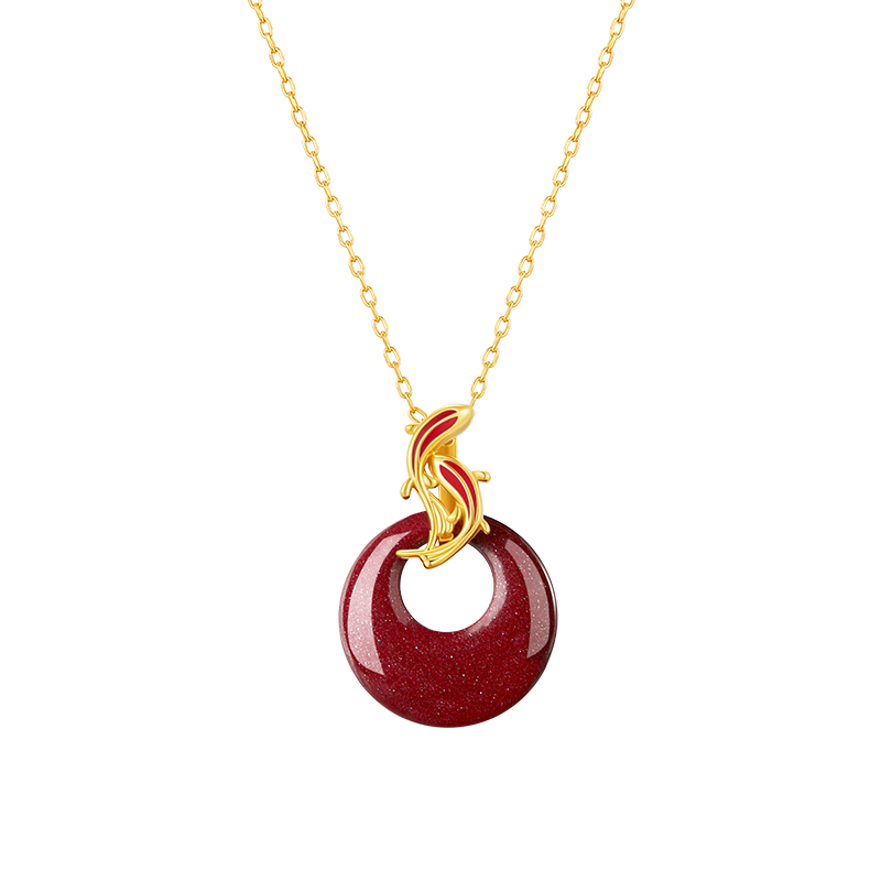 Zhenshangyin Chinese Gold Koi Cinnabar Peace Buckle Silver Necklace for Women, Birthday New Year Gift for Girlfriend Amulet S925
