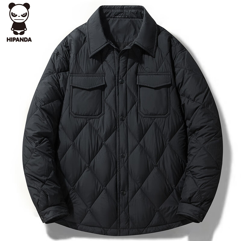 HIPANDA Men's down Jacket with Shirt Collar, Fashionable Thick Warm down Coat, Couple Matching Diamond Pattern Outerwear, Black, 2XL